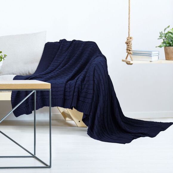 100% Cotton Throw Blanket for Sofa Soft Cable Knit Blanket 50" x 60" Navy Blue - Picture 4 of 6
